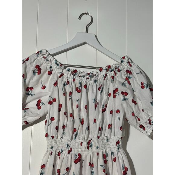 Amorini White Cherry Print Shirred Off Shoulder Puff Sleeve Mini Dress S - Picture 4 of 6